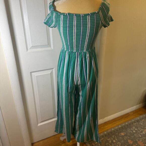 Cleobella Jade Jumpsuit Teal Navy White Striped Off the Shoulder Wide Leg Small - Picture 6 of 13